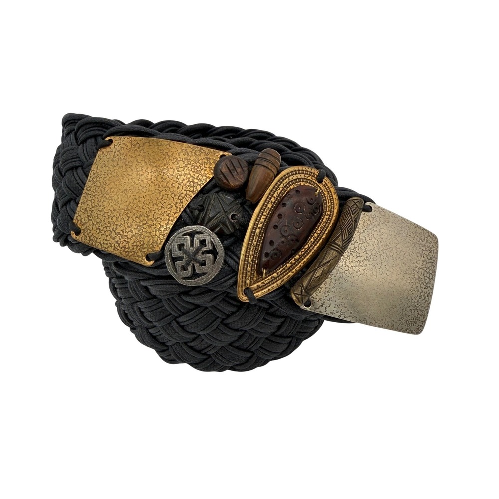 Boho Woven Cotton Cord Belt Artisan Mixed Metal Buckle 2.5" Wide 39"‎